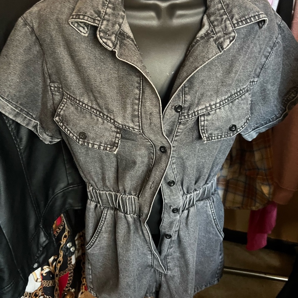 Gray Denim Button-Up Romper